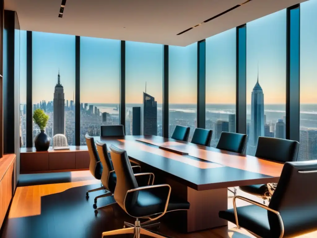 Sala de juntas moderna y sofisticada con vista a la ciudad Elegante sala de juntas con vista a la ciudad, mesa de caoba, pantalla multimedia y libros legales