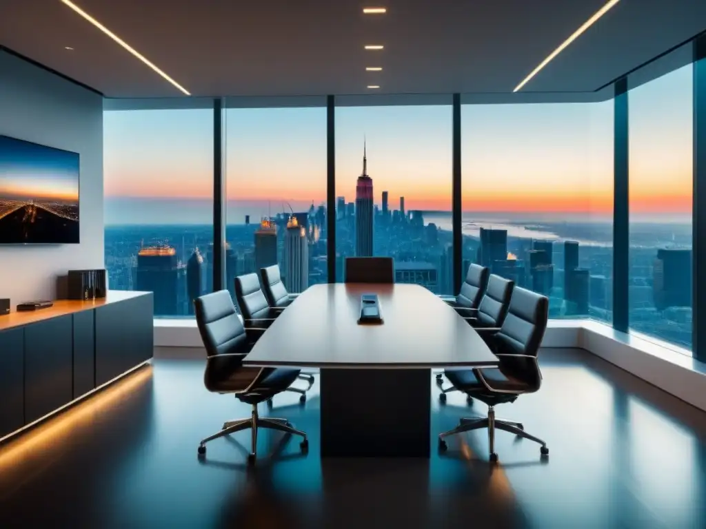 Oficina de lujo con vista panorámica al atardecer Elegante sala de juntas con vista a la ciudad al atardecer