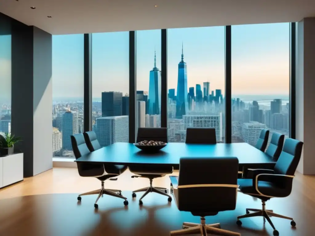 Salón de juntas moderno de lujo con vista panorámica urbana Una elegante sala de juntas con vista a la ciudad, decorada con arte moderno y mobiliario sofisticado