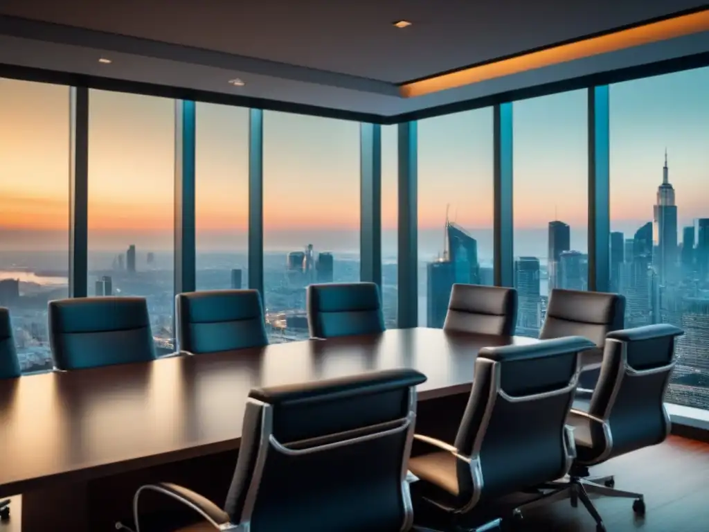 Oficina legal moderna y elegante con vista a la ciudad Elegante sala de juntas con vistas a la ciudad al anochecer, ideal para Protección legal propiedad tiempo compartido
