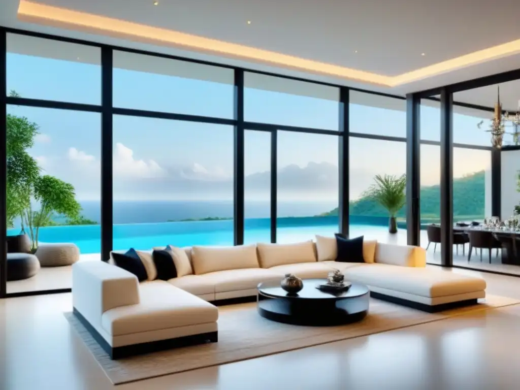 Salón de villa lujoso con piscina infinita cristalina Elegante sala de estar en una lujosa villa, con ventanales al infinito cristalino de la piscina y exuberante vegetación