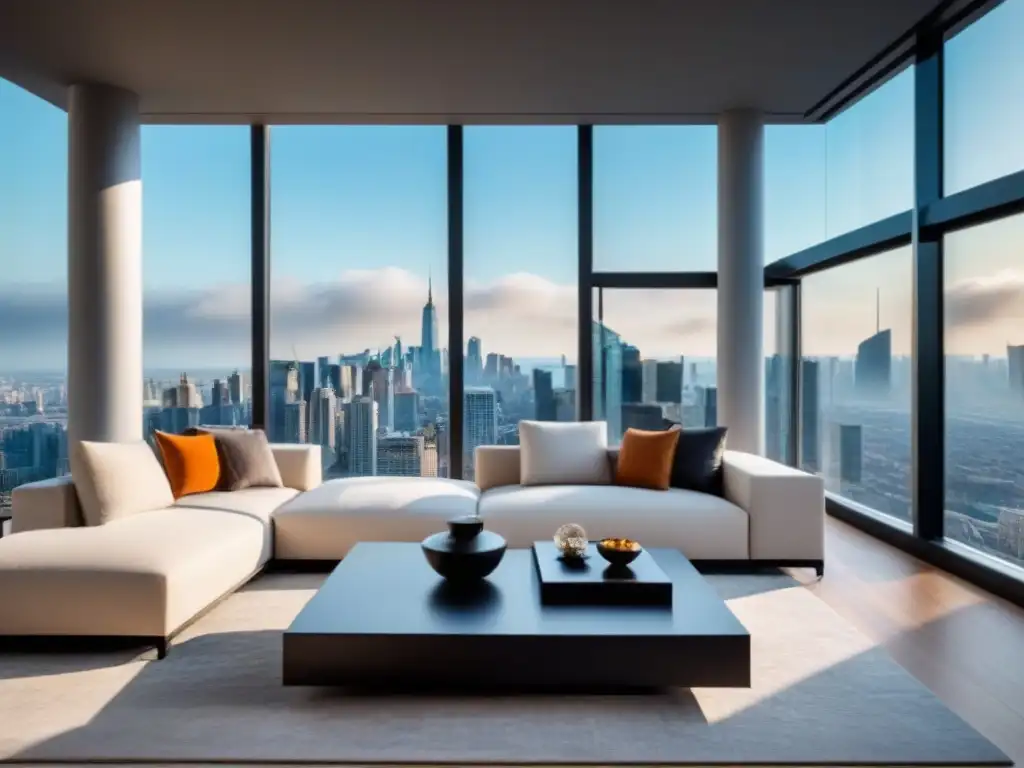 Salón de lujo en penthouse: sofisticación y opulencia urbana Elegante sala de estar en un lujoso ático con vista a la ciudad