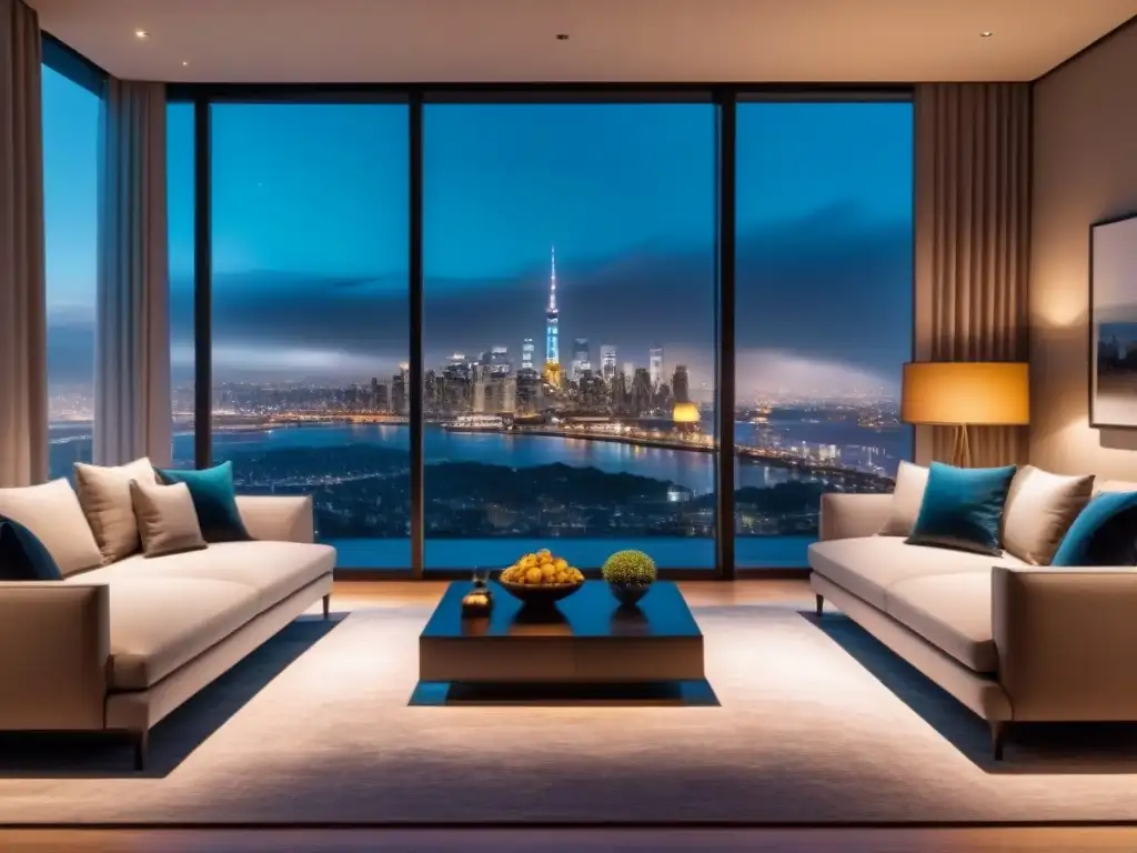 Salón de lujo en rascacielos con vista nocturna a la ciudad Elegante sala de estar moderna en un apartamento de lujo con vista a la ciudad de noche