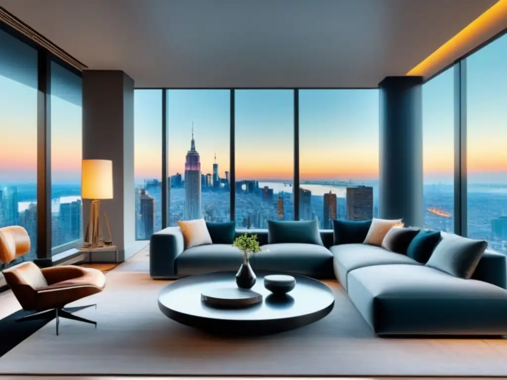 Salón moderno de lujo con vista urbana impresionante Elegante sala de estar moderna con mobiliario de lujo, ventanales y arte contemporáneo