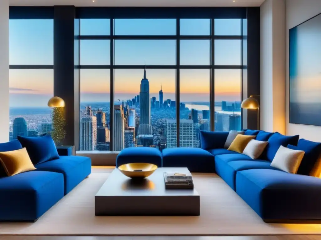 Sala de estar de lujo en propiedad exclusiva con vista a la ciudad Elegante sala de estar moderna en propiedad de lujo con vista a la ciudad y obras de arte contemporáneo