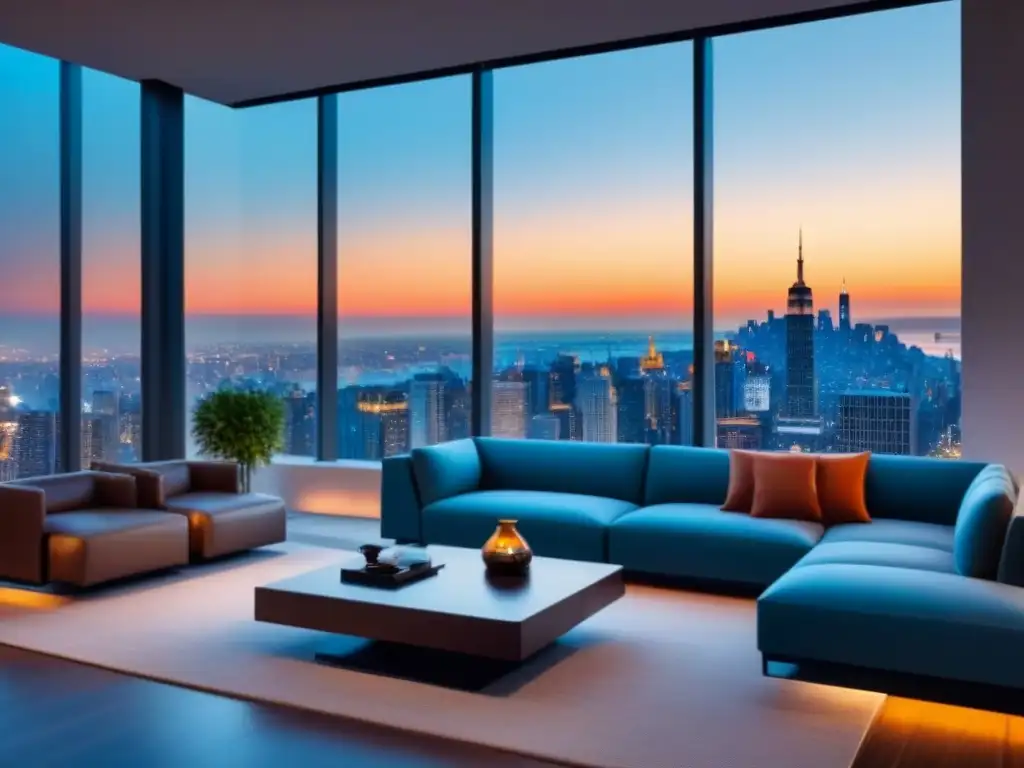 Salón de lujo con tecnología inteligente integrada Elegante sala de estar moderna en propiedad de lujo con sistemas automatizados integrados y vistas a la ciudad al anochecer