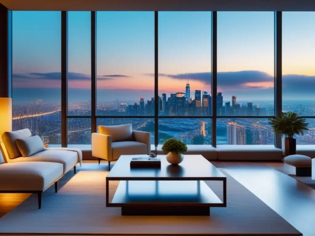 Sala de estar moderna de lujo con vista panorámica al atardecer Elegante sala de estar moderna con ventanales y vista panorámica de la ciudad al atardecer