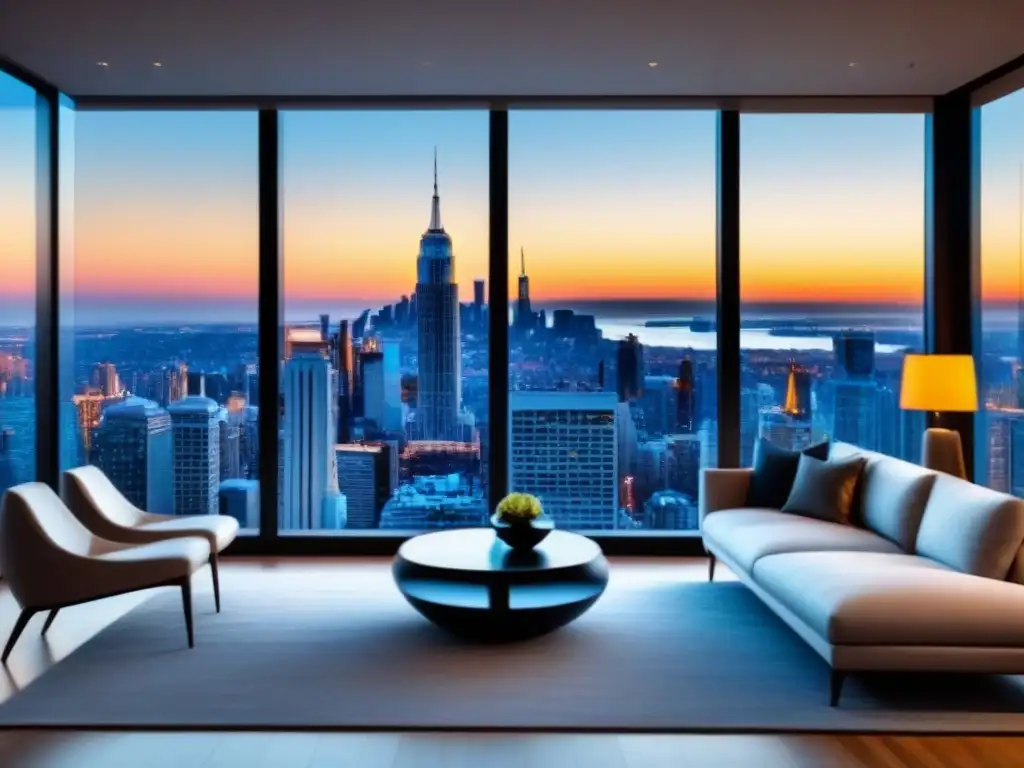 Salón de lujo con vistas panorámicas y diseño sofisticado Elegante sala de estar moderna con vista a la ciudad, ideal para campañas de marketing inmobiliario exclusivo