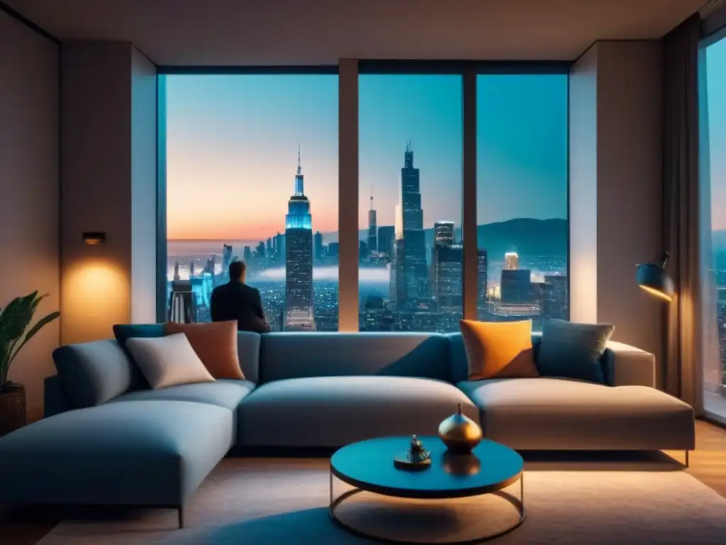 Sala de estar moderna y lujosa con vista urbana nocturna Elegante sala moderna con vista nocturna de la ciudad desde ventana y reloj simbolizando 'Tiempo espera reventa tiempo compartido'