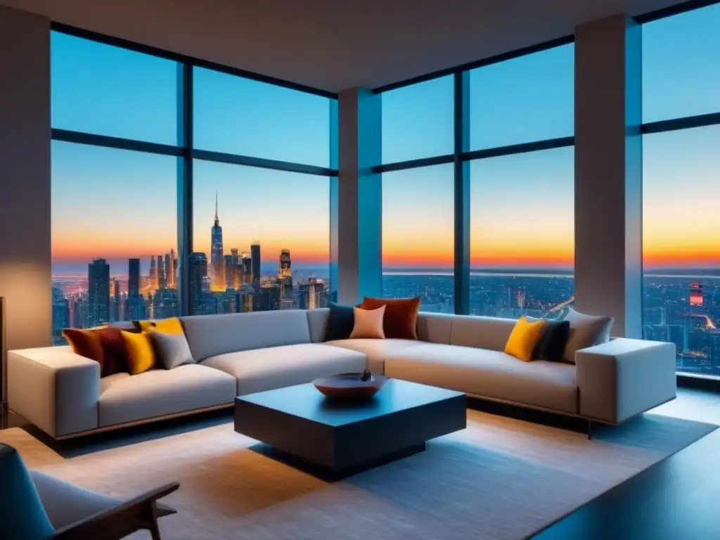 Sala de estar de lujo con vista panorámica a la ciudad Elegante sala de estar moderna con vista a la ciudad y muebles contemporáneos