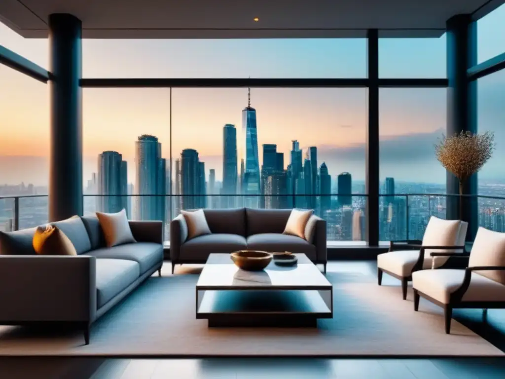 Salón de lujo con vistas nocturnas de la ciudad Elegante sala de estar moderna con vista nocturna de la ciudad
