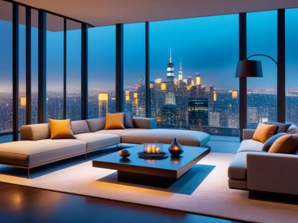 Salón de lujo con vistas nocturnas de la ciudad Elegante sala de estar moderna con vista nocturna de la ciudad