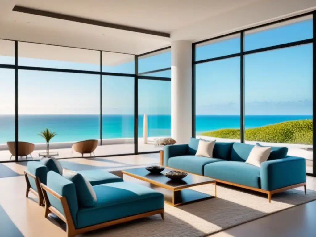 Salón moderno con vista a la playa: lujo y elegancia Elegante sala de estar moderna con vista a la playa, decoración contemporánea y ventanales