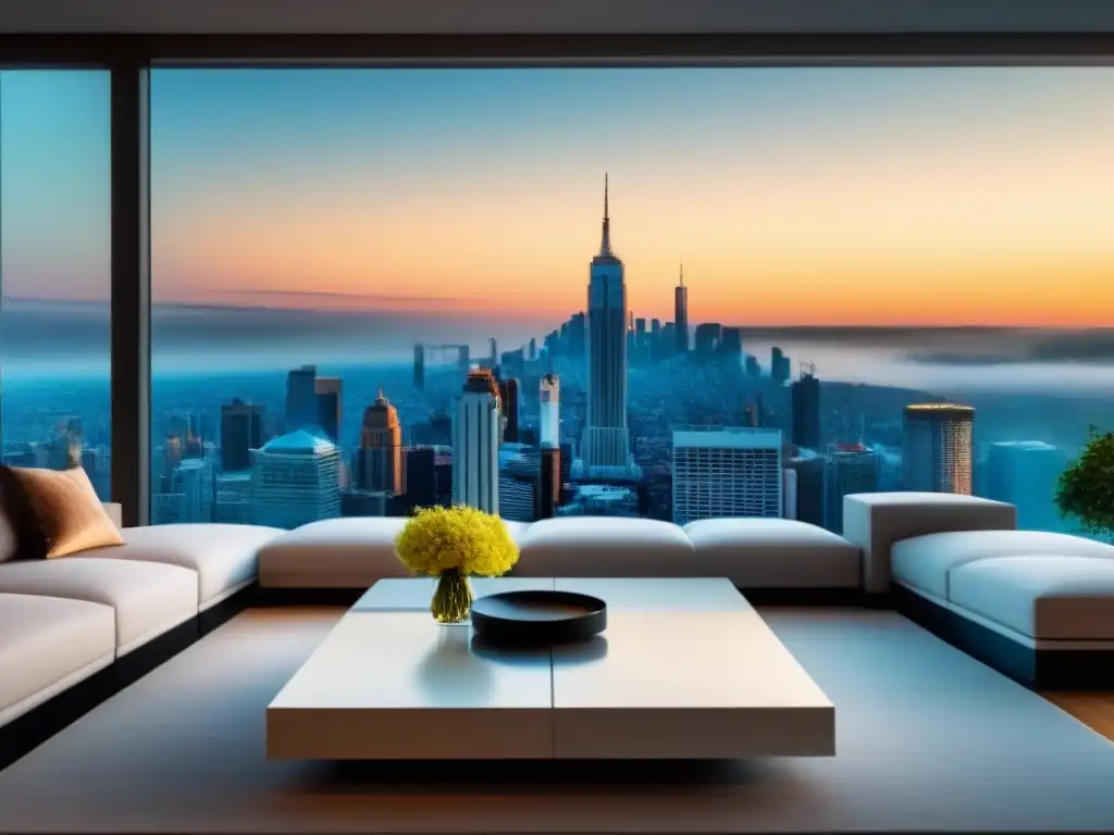 Salón moderno de lujo con vistas impresionantes de la ciudad Elegante sala moderna con vista a la ciudad, muebles contemporáneos y estrategias para aumentar valor propiedades