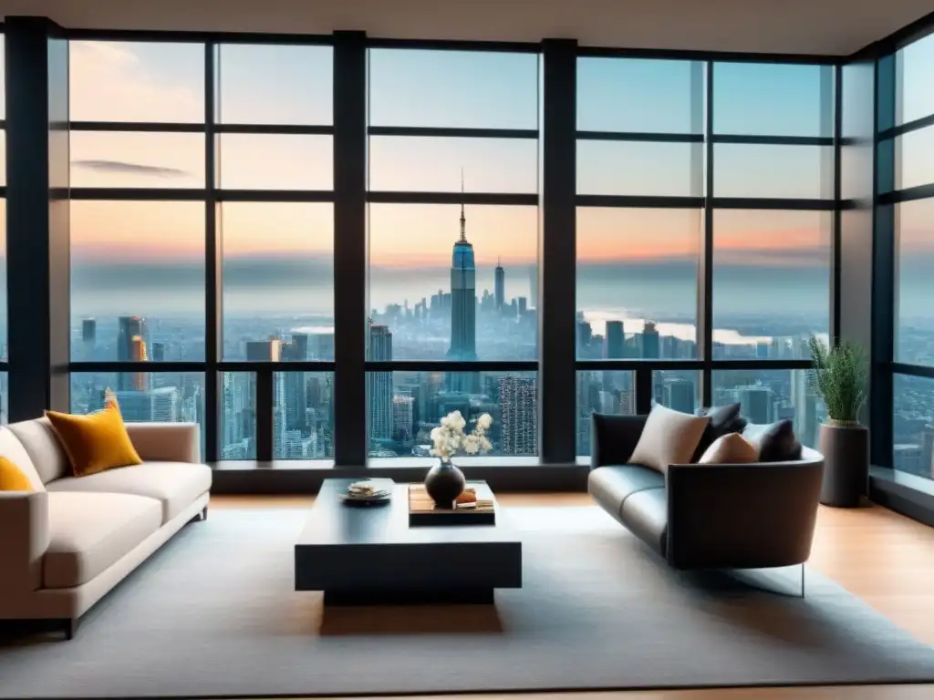 Salón de lujo con vista a la ciudad: diseño moderno y acogedor Elegante sala de estar moderna con vista a la ciudad, decoración sofisticada y cálida