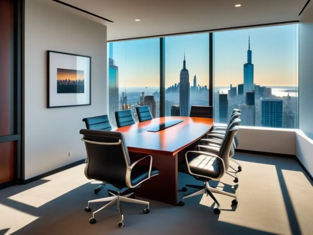 Salón de negociación de inmuebles comerciales: moderno y elegante Elegante sala de negociación en centro comercial con vista a la ciudad, resaltando lujo y modernidad