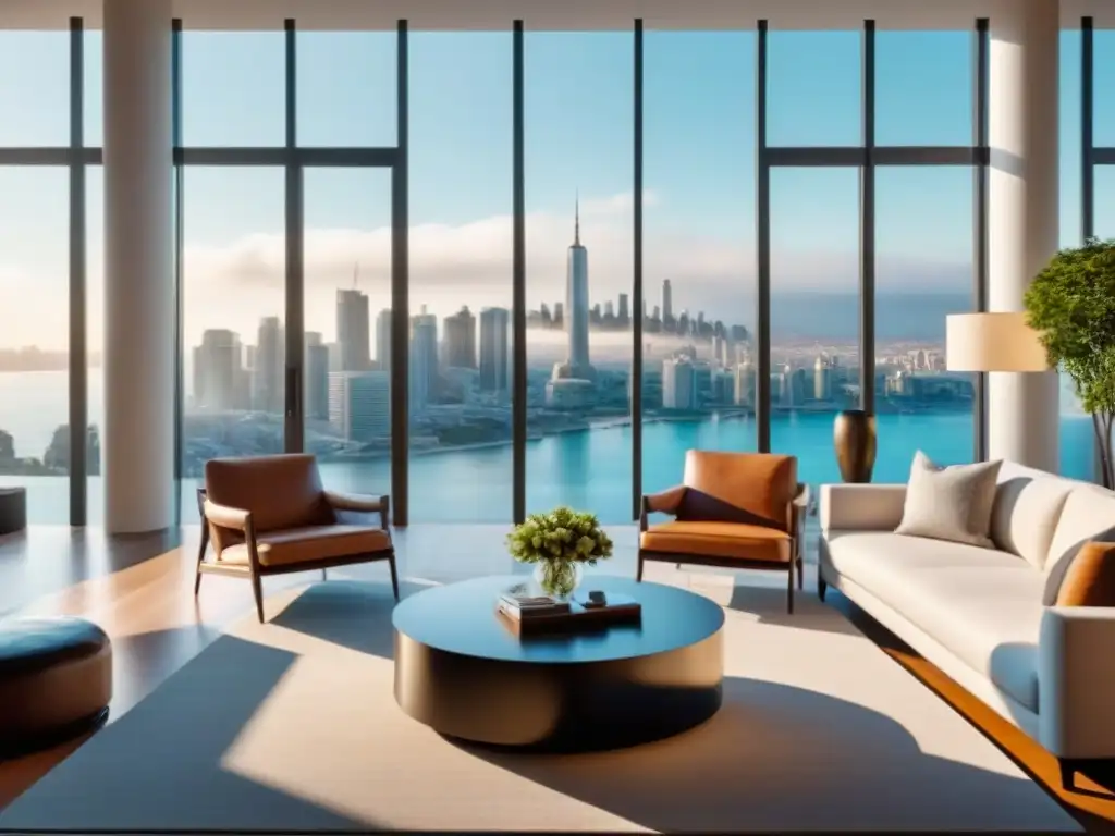 Salón moderno de lujo con vistas panorámicas en alta resolución 8K Una elegante sala de estar en una propiedad de lujo internacional, con vistas panorámicas