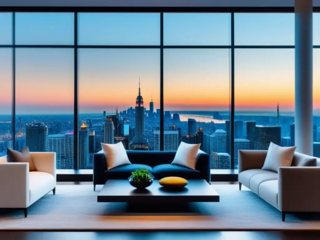 Sala de estar de lujo con vista urbana impresionante Elegante sala de estar en propiedad de lujo, con mobiliario moderno y vista impresionante de la ciudad