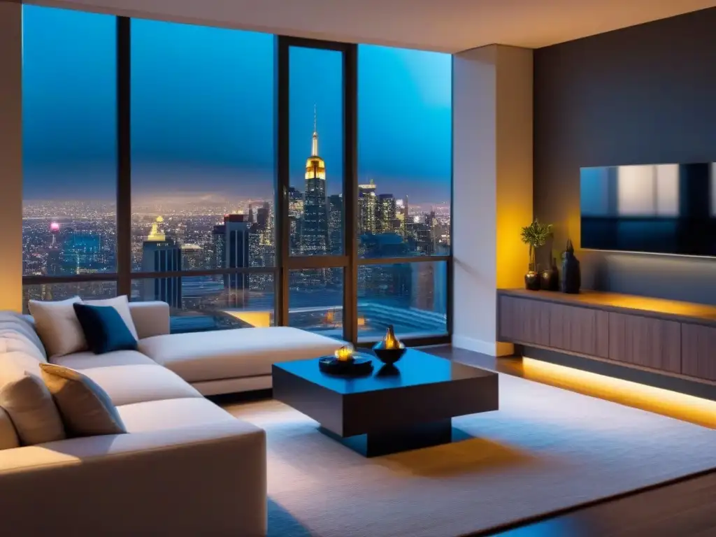 Salón moderno en rascacielos: lujo y confort con vistas nocturnas Elegante sala de estar en rascacielos con vista nocturna a la ciudad