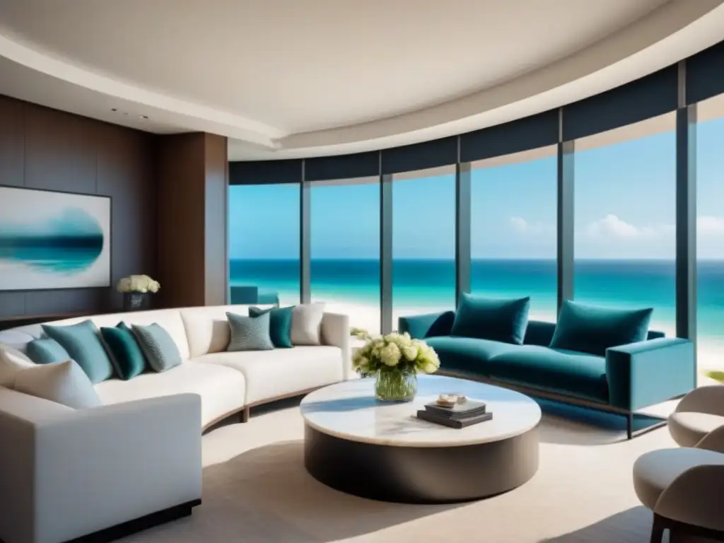 Elegante sala de estar en un resort de tiempo compartido con vista a la playa, sofás de terciopelo, arte contemporáneo y mesa de café de mármol