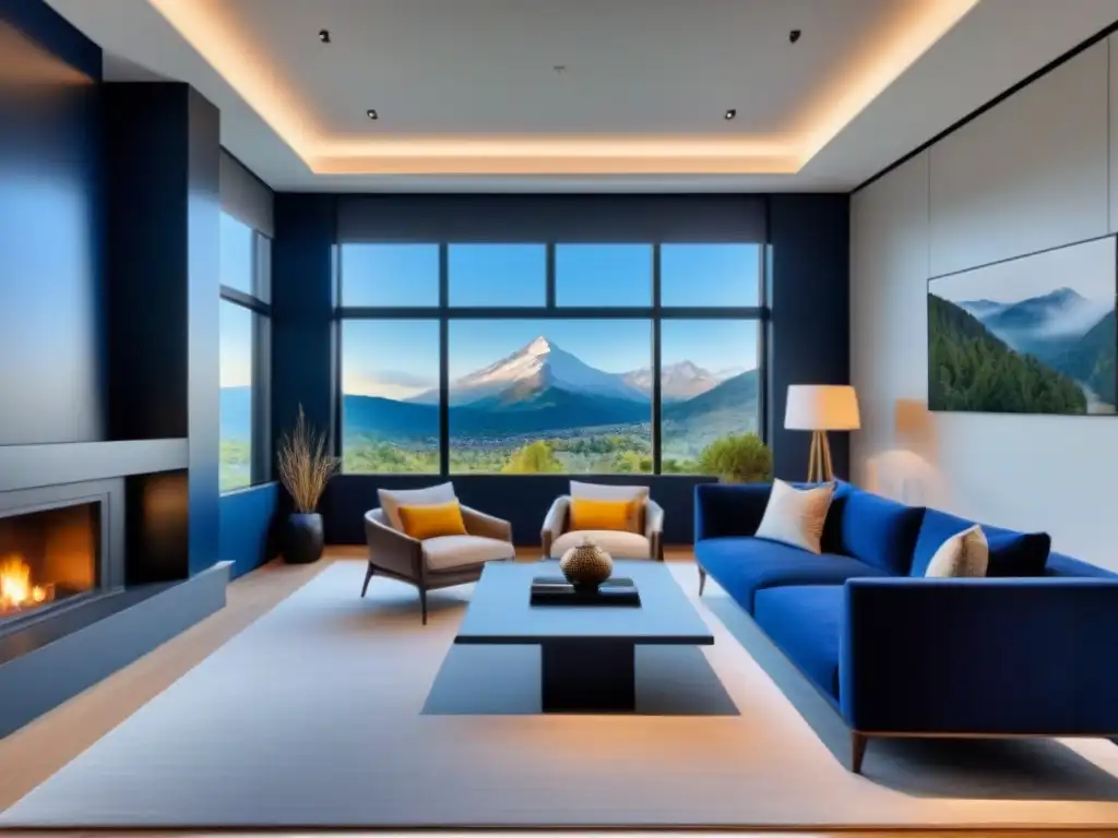 Salón de lujo con vista a las montañas en América del Norte Elegante sala de estar en segunda residencia Norteamérica personalizada con mobiliario de cuero y vista a la montaña