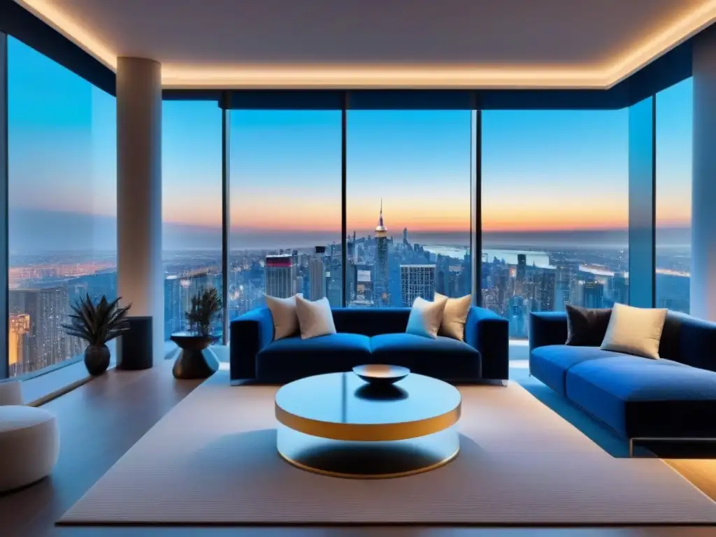 Salón de lujo con tecnología inteligente en apartamento de altura Elegante sala de estar con tecnología inteligente y vista a la ciudad al atardecer