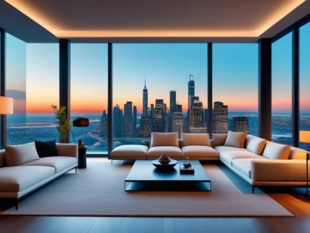 Salón de lujo con vista urbana al atardecer Elegante sala de estar urbana con vista a la ciudad al atardecer, ideal para estrategias contenido influencers inmobiliarios