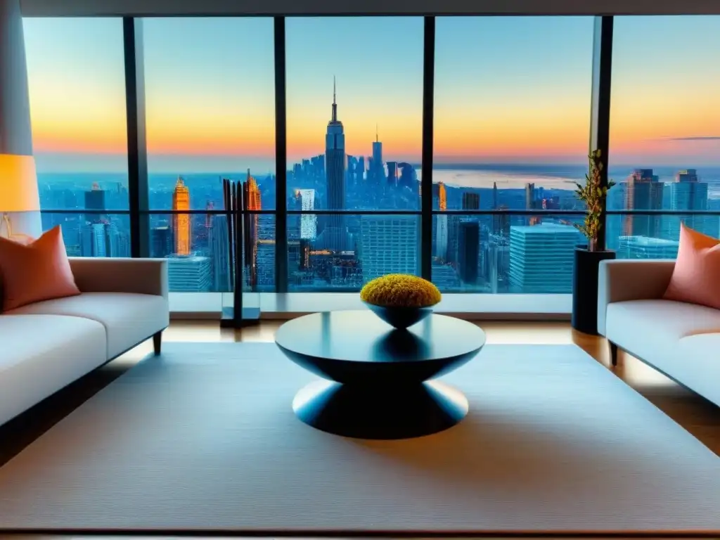 Salón de lujo con vista a la ciudad Elegante sala de estar con vista a la ciudad, decoración moderna y estrategias influencers mercado inmobiliario