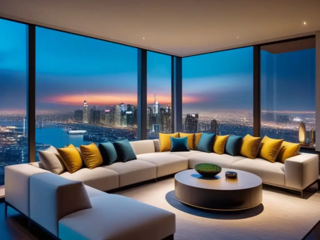 Salón elegante con vistas panorámicas de la ciudad de noche Elegante sala de estar con vista panorámica de ciudad de noche