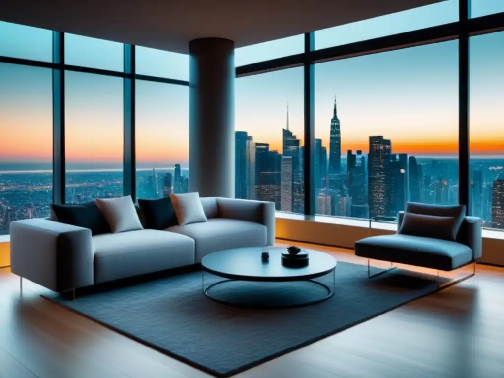 Espléndido salón moderno con vista panorámica a la ciudad Elegante sala de estar con vista urbana impresionante