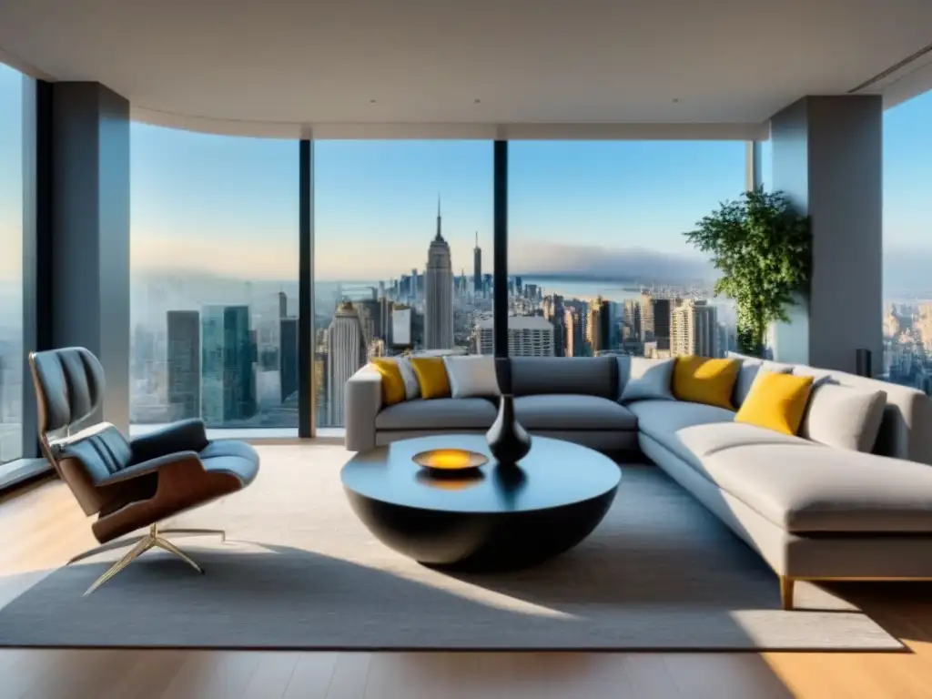 Sala de estar de lujo con vistas a la ciudad y detalles contemporáneos Elegante sala de estar con vistas a la ciudad, muebles modernos y paleta de colores sofisticada