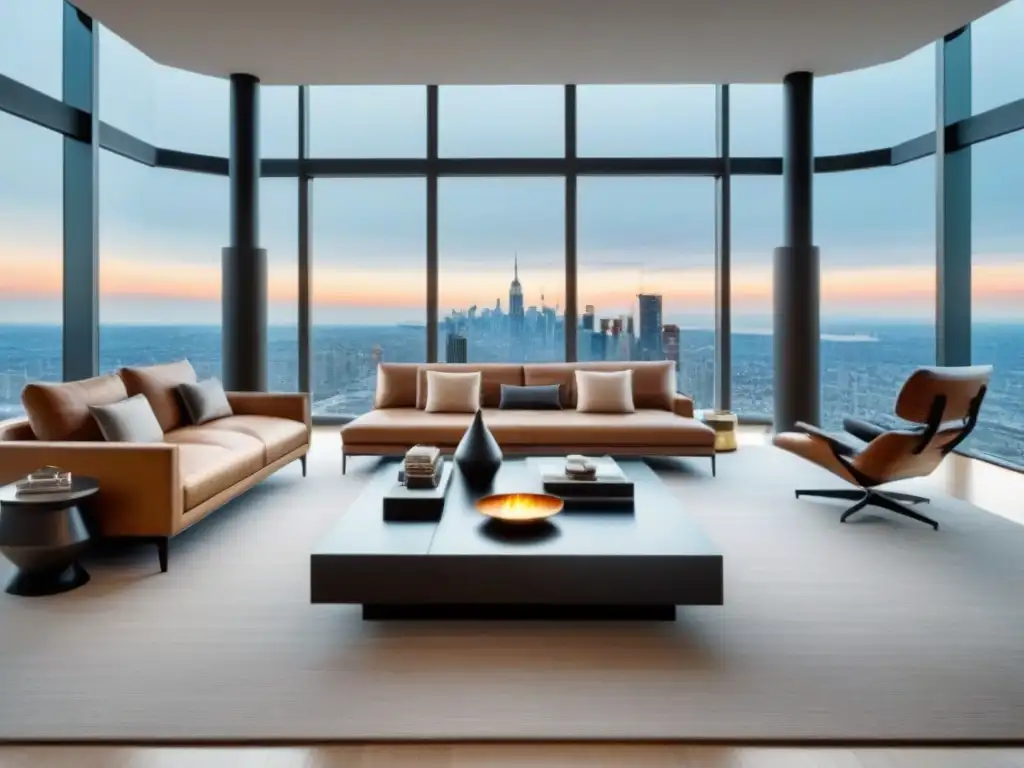 Salón de lujo y moderno en apartamento de altura con vista panorámica Elegante salón de un apartamento de lujo con vistas a la ciudad y mobiliario contemporáneo