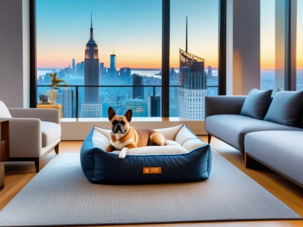 Salón de lujo petfriendly con cama integrada y vistas urbanas Un elegante salón de apartamento petfriendly con diseño inmobiliario para familias modernas