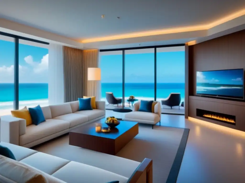 Salón familiar de lujo en resort exclusivo con vistas a la playa Un elegante salón familiar en un resort de tiempo compartido de lujo, con muebles contemporáneos y decoración sofisticada en tonos neutros y vibrantes