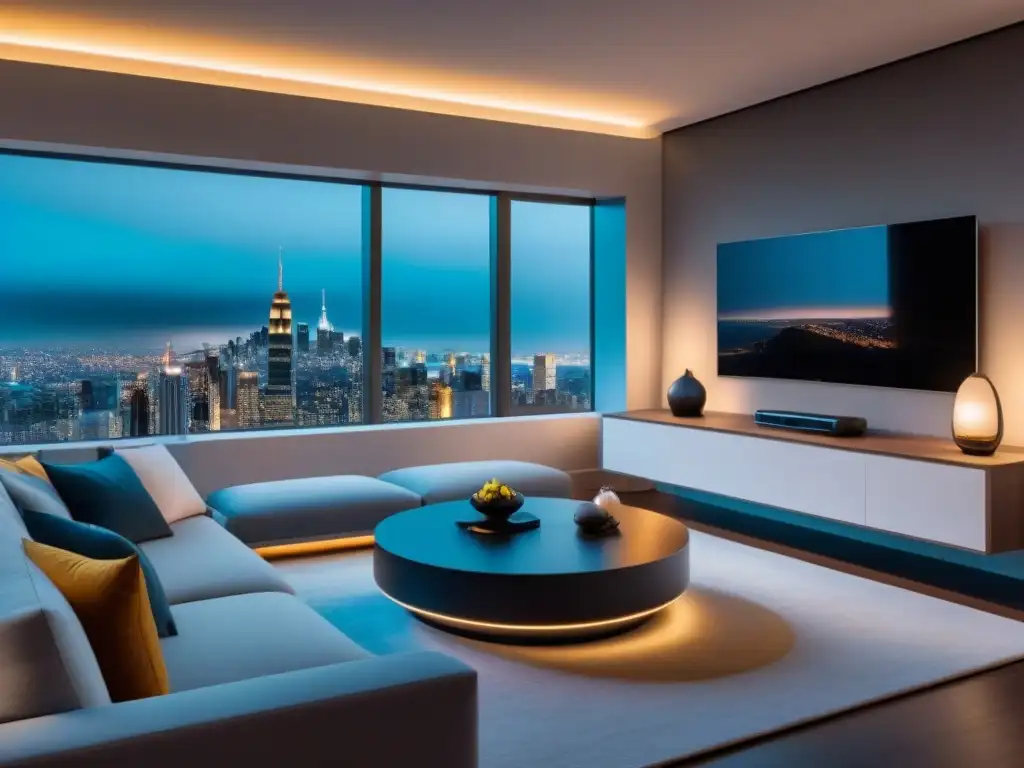 Salón futurista con domótica integrada y vistas urbanas nocturnas Un elegante salón futurista con domótica integrada en el mercado inmobiliario internacional