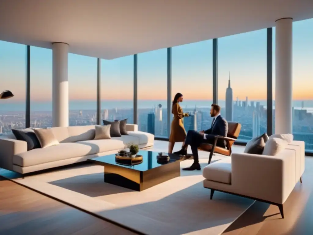 Salón de lujo con influencer inmobiliario Un elegante salón de lujo en un ático con vista urbana, decorado con estilo contemporáneo y presencia de un influencer de bienes raíces