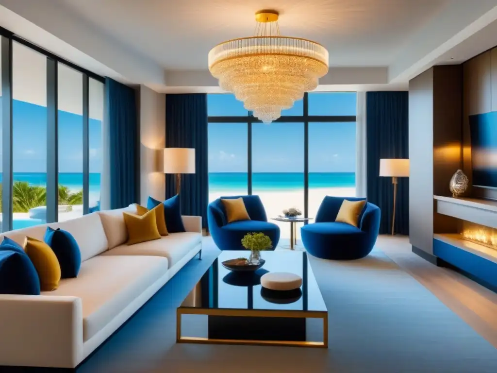 Sofisticada sala de estar en resort de lujo con vistas a la playa Un elegante salón de lujo en un resort de tiempo compartido, con vista a la playa