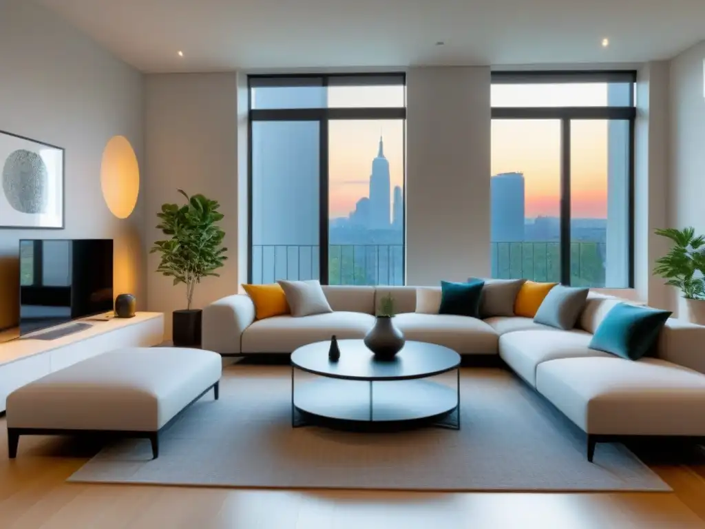 Salón moderno y minimalista: diseño de calidad con toques de color Un elegante salón minimalista con mobiliario contemporáneo y toques de color