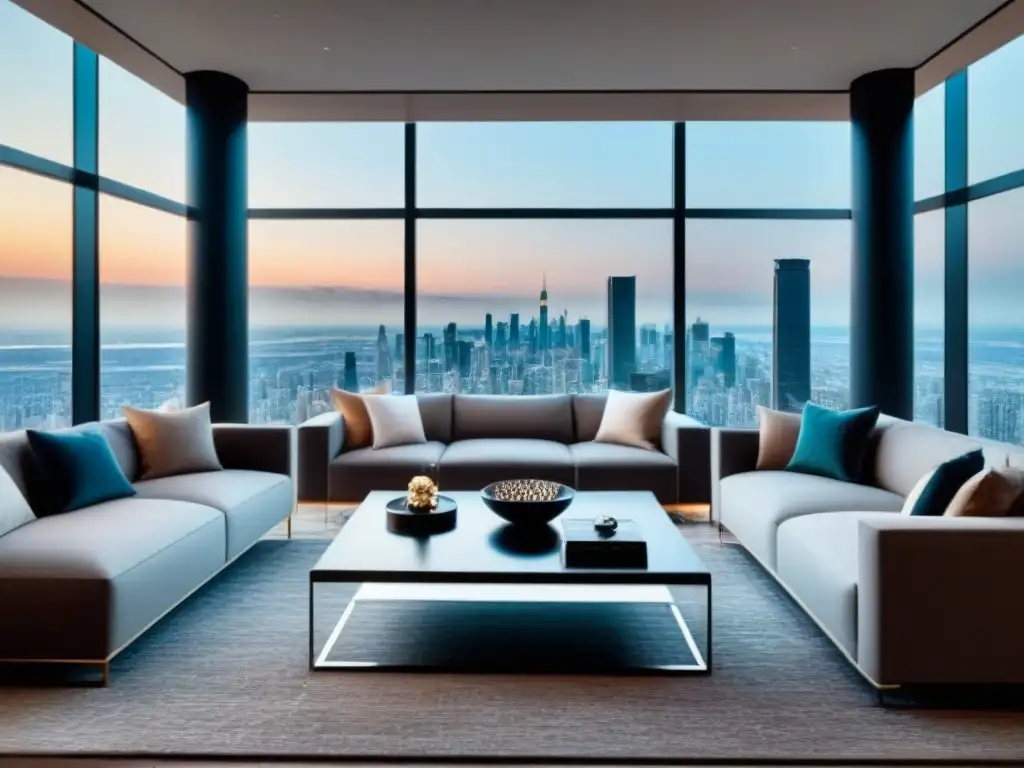 Un elegante salón moderno en un apartamento de lujo con vista a la ciudad, ideal para invertir en propiedades de alquiler