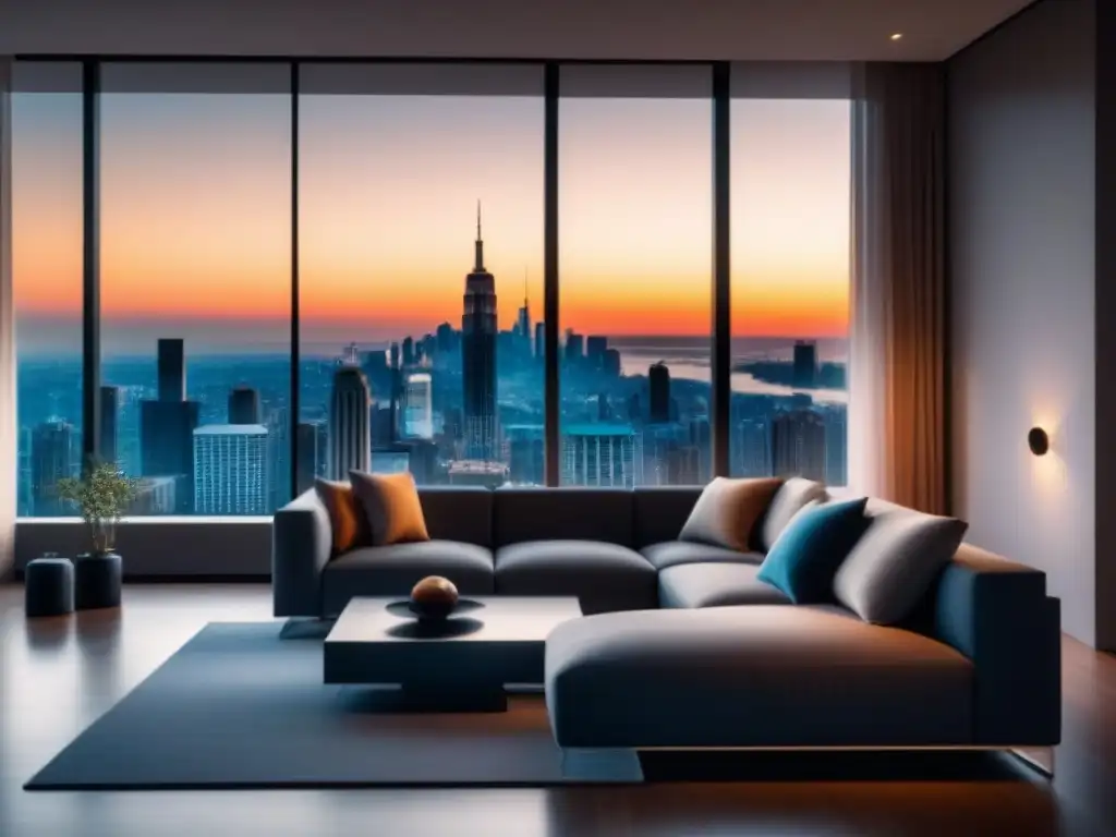 Salón de lujo con tecnología de hogar inteligente en ciudad Un elegante salón moderno en una casa inteligente de lujo con tecnología de domótica de vanguardia
