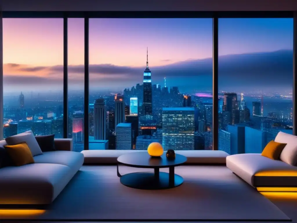 Sala de estar futurista de lujo con vista nocturna de la ciudad Un elegante salón moderno con diseño de propiedades con IA, muebles futuristas y vista nocturna de la ciudad