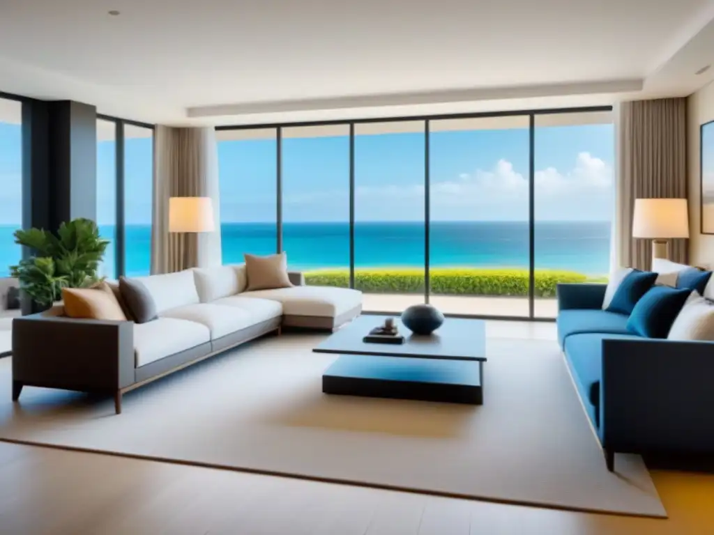 Sala de estar de lujo en propiedad vacacional frente a la playa Un elegante salón moderno en un lujoso tiempo compartido con vista a la playa