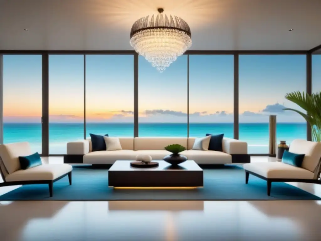 Salón de lujo con vista a la playa tropical Un elegante salón moderno con muebles elegantes y tonos neutros, una impresionante lámpara y grandes ventanas con vista a una playa tropical