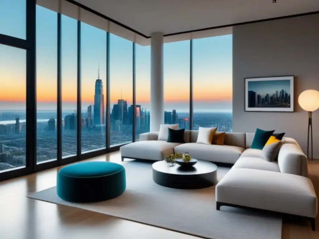 Salón de lujo con vista a la ciudad: elegancia moderna y luminosidad Un elegante salón moderno con muebles sofisticados, tonos neutros y toques de color en la decoración