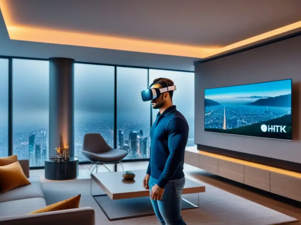 Casco de realidad virtual en lujoso salón moderno Un elegante salón moderno con tecnología punta y un casco de realidad virtual futurista