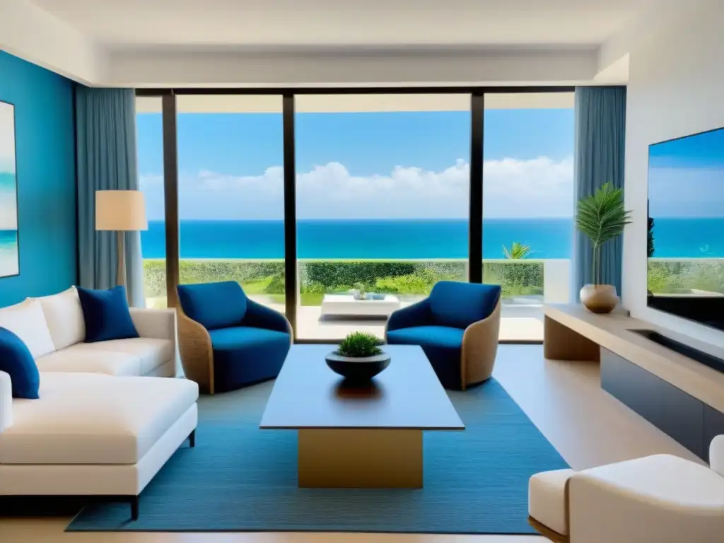 Salón de lujo frente al mar: sofisticación y relajación Un elegante salón moderno en un tiempo compartido frente al mar, estrategias renovación tiempo compartido
