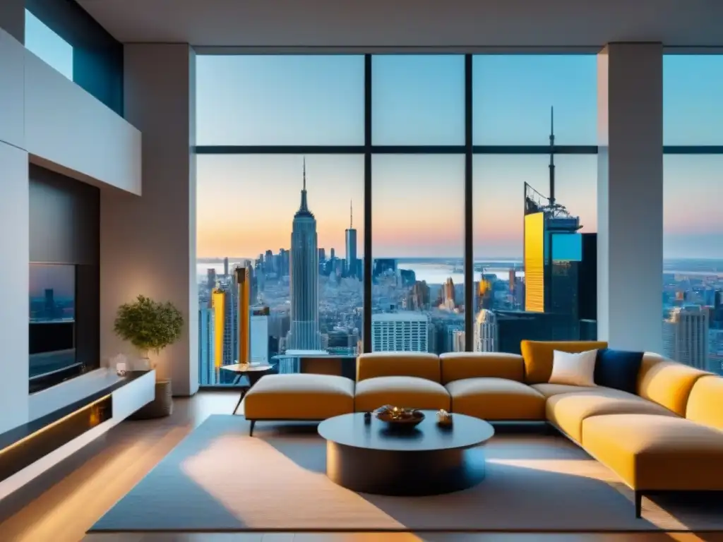 Salón moderno de lujo con vista a la ciudad: diseño vibrante y elegante Un elegante salón moderno con ventanales y vista a la ciudad
