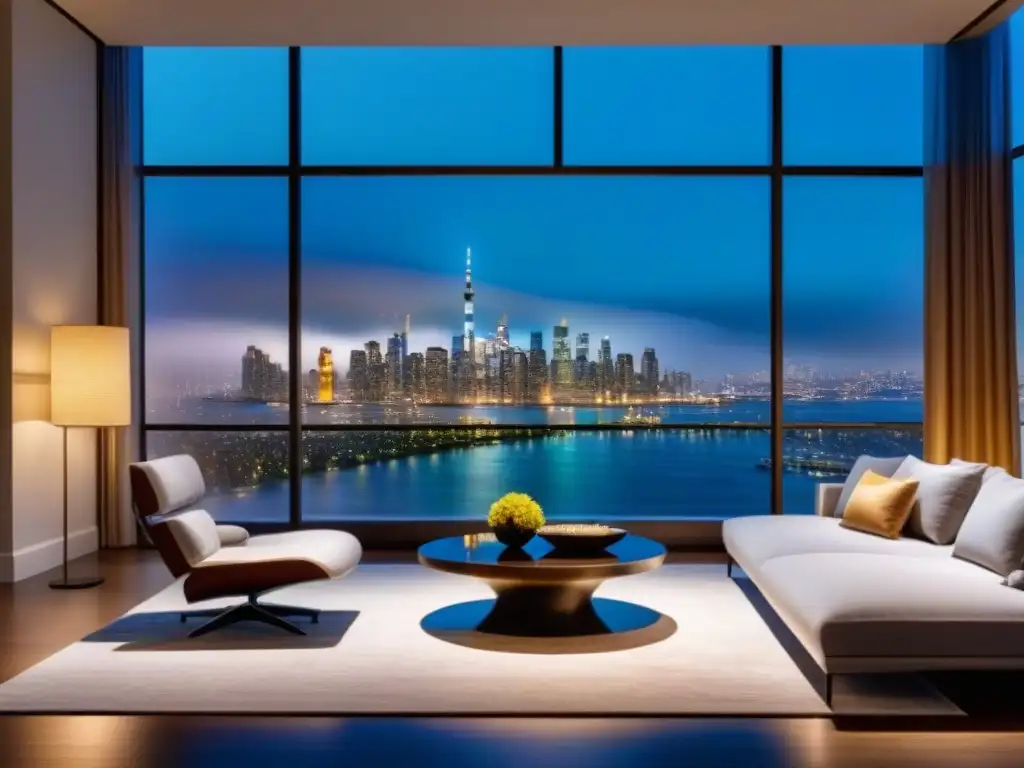 Salón moderno de lujo con vista nocturna de la ciudad para estrategia de reventa de timeshares Un elegante salón moderno con ventanales de piso a techo con vistas a un brillante horizonte urbano de noche