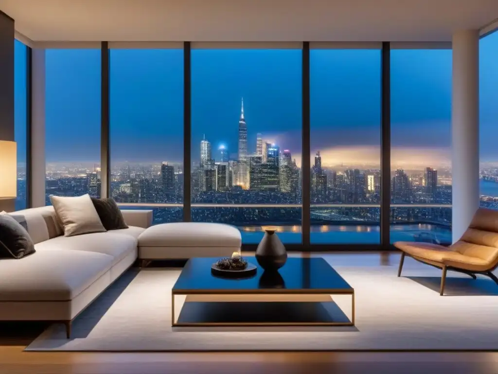 Salón moderno de lujo con vista panorámica nocturna de la ciudad Un elegante salón moderno con vista a la ciudad de noche