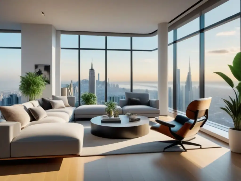 Salón moderno con vistas urbanas en 8k Explora este elegante salón moderno con vistas panorámicas a la ciudad, ideal para tours virtuales mercado inmobiliario